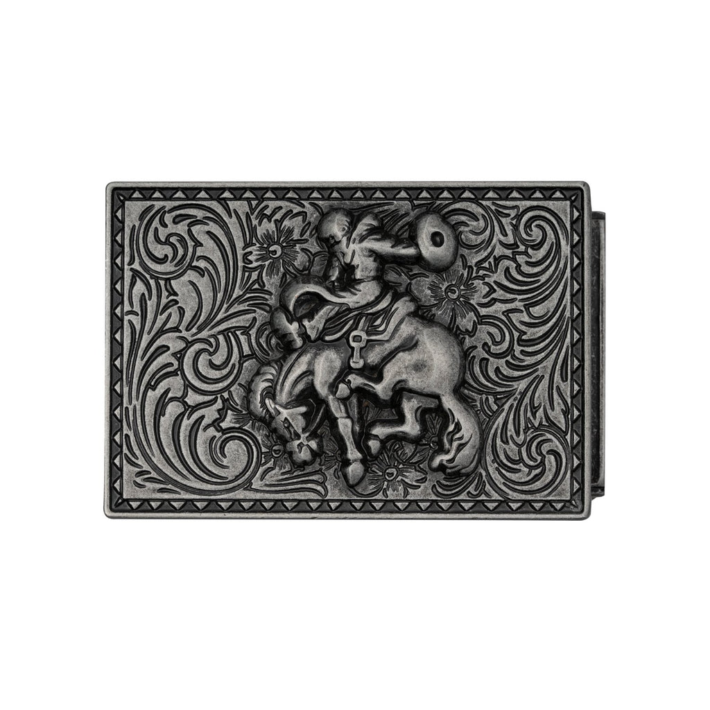 Mission Belt Buckle with a cowboy riding a horse