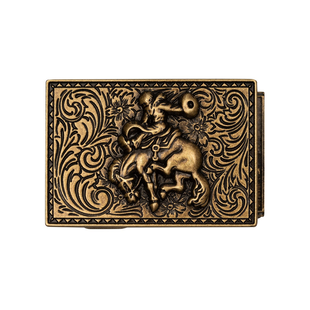 Mission Belt Buckle with a cowboy riding a horse